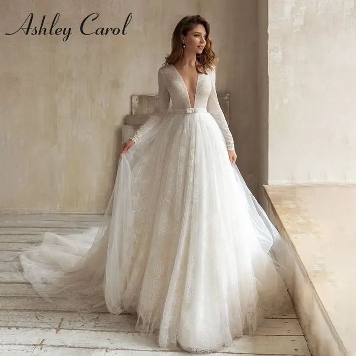 Ashley Carol-Robe de mariée en dentelle brillante à manches longues