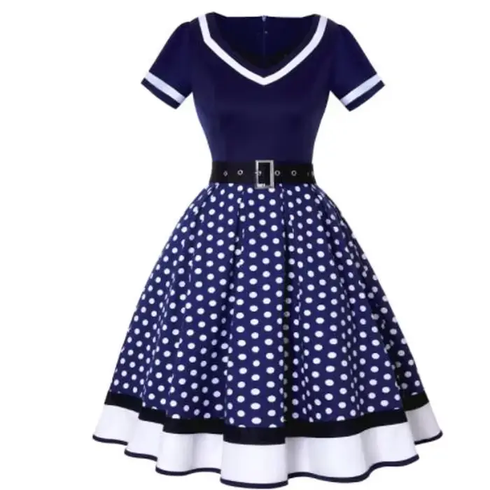 Robe de soirée Vintage des années 50 et 60, rétro avec ceinture, imprimé à pois, manches courtes, He