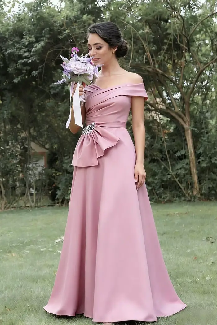 Robe de mère de la mariée en satin, épaules dénudées, ligne A, élégante pour les soirées de gala et cérémonies officielles