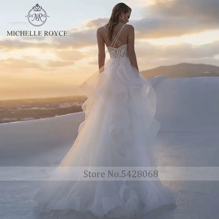 Michelle Royce a-ling robes De mariée Sexy col en v profond à plusieurs niveaux croisé dos nu chapelle Train