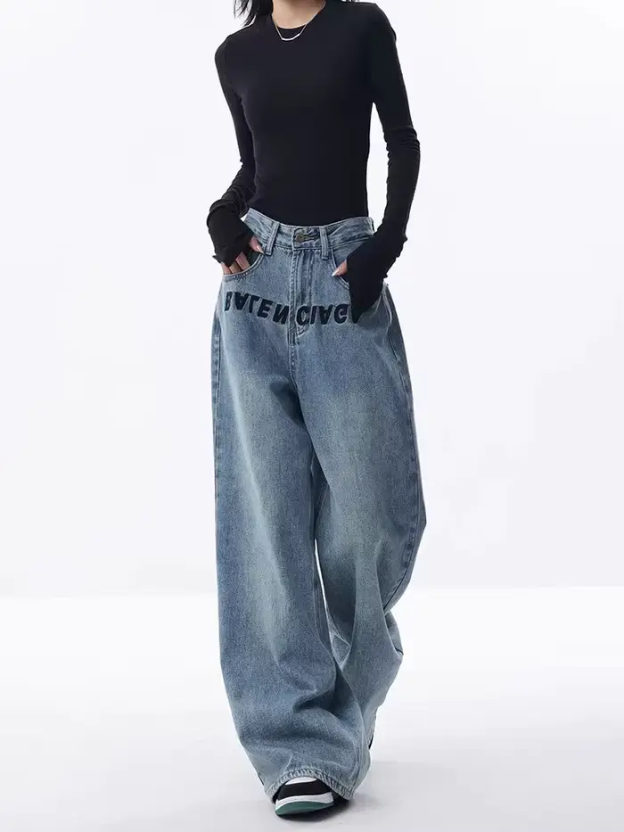 Jean Bleu Brodé pour Femme, Pantalon à Jambes Larges, Décontracté, Style de Rue, Nouvelle Collection