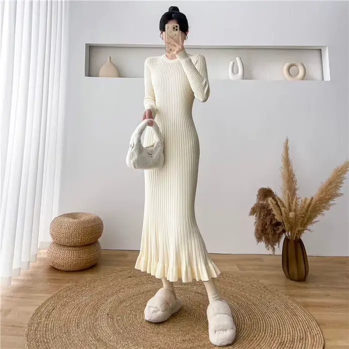 Robe en crochet abricot rétro confortable pour femmes occasions spéciales automne hiver élégante style bureau