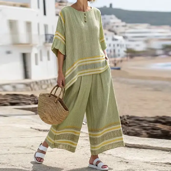 Vintage vacances rayé imprimé décontracté deux pièces ensemble femmes demi manches chemise taille ha
