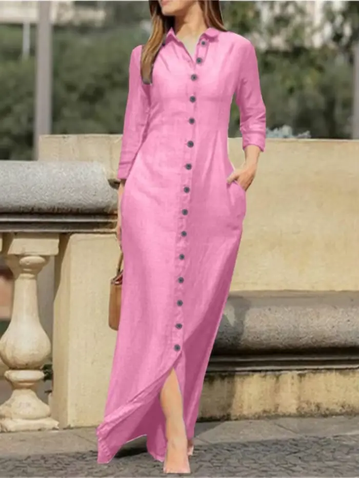 Robe longue élégante pour femmes manches longues couleur unie chemise en coton et lin décontractée boutons printemps automne occasions spéciales