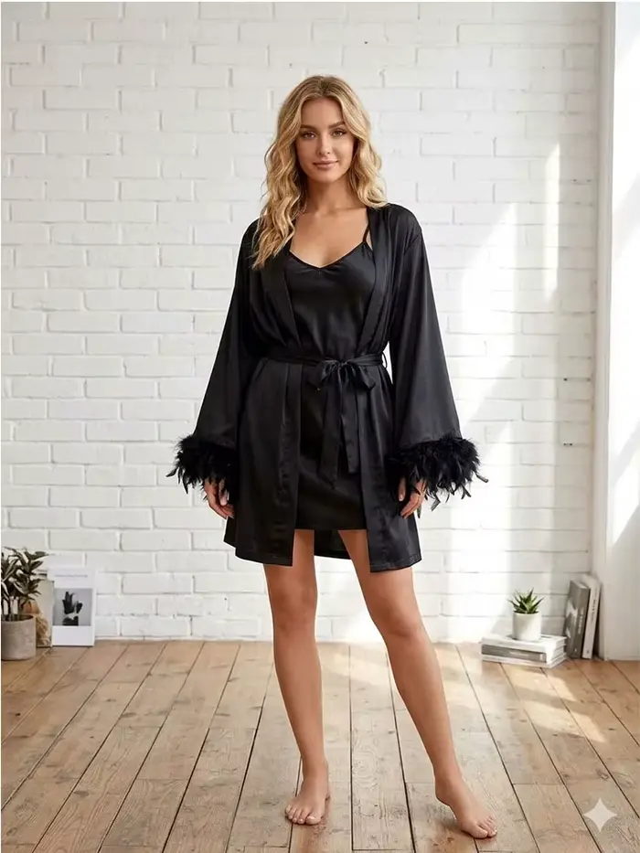 Robe courte noire LEDP avec bordure en plumes pour femmes, robe de mariée, mini-peignoir de matin, cadeau pour demoiselles d'honneur, robes kimono de mariée 2026