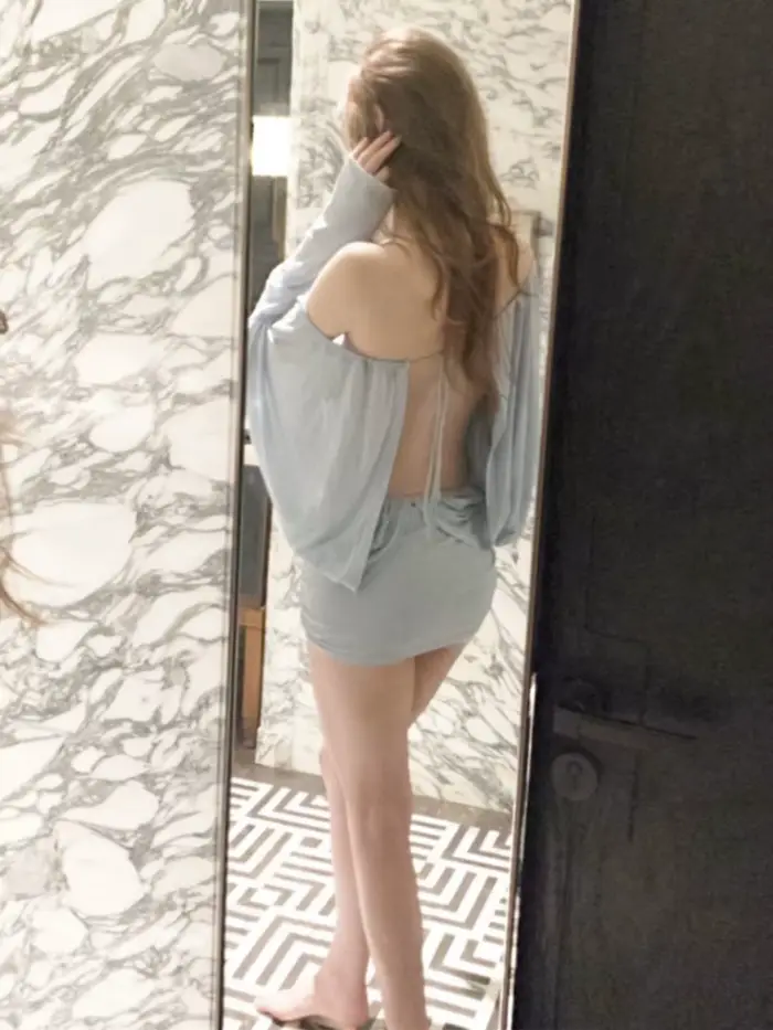 Robe moulante bleue à une épaule, jupe courte sexy, taille haute avec ceinture, style décontracté vi