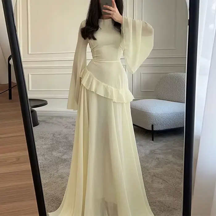 Robe élégante en polyester avec volants, col rond, à nouer, idéale pour soirée, mariage et occasions spéciales pour femme