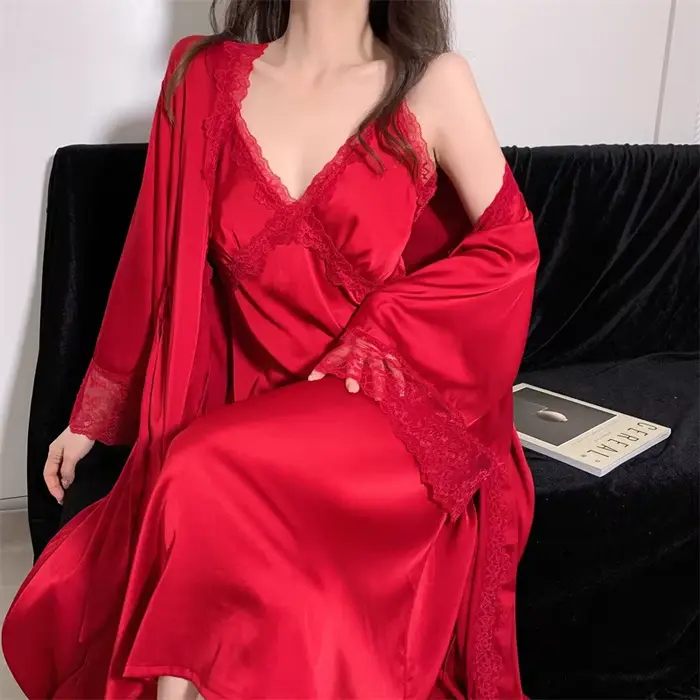 Élégant femme nuisette & Robe ensemble longue peignoir chemise de nuit Sexy dentelle garniture chemise de nuit vêtements de nuit printemps été soie Satin vêtements de maison