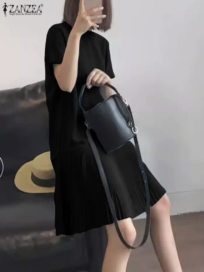 Robe plissée décontractée à manches courtes pour femme