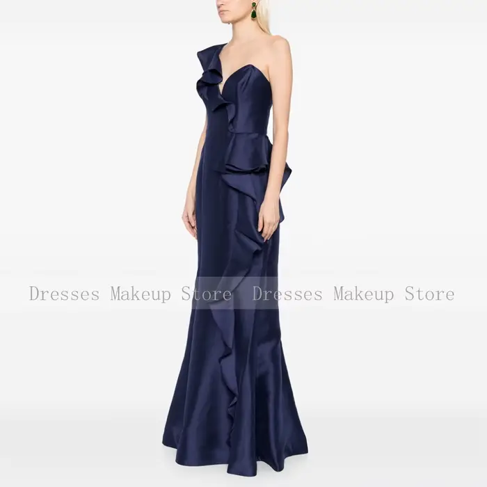 Robe sirène en polyester satiné bleu marine à volants pour femmes, soirée de gala, mariage, élégance intemporelle, occaions spéciales