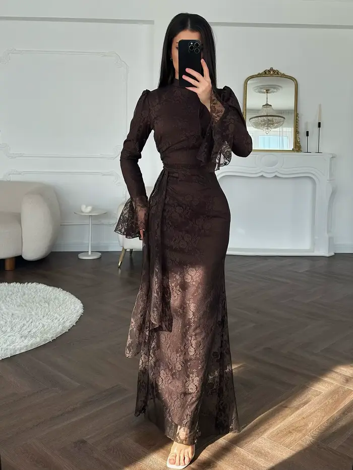 Robe de soirée ajustée en dentelle pour femme, ligne H, longueur cheville, manches cloche, taille ci