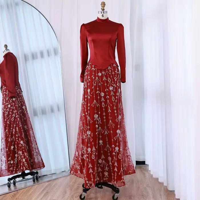 Robe de Soirée Musulmane Verte Sage Élégante avec Jupe Perlée pour Fêtes de Mariage et Occasions Spéciales Serene Hill