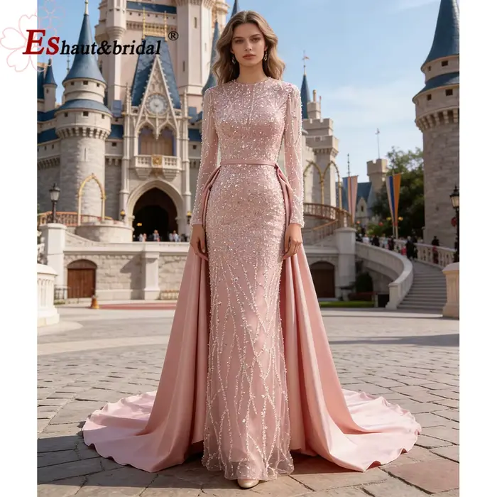 Robe de soirée musulmane élégante col rond manches longues style sirène traîne détachable paillettes robe de bal personnalisée occasions spéciales