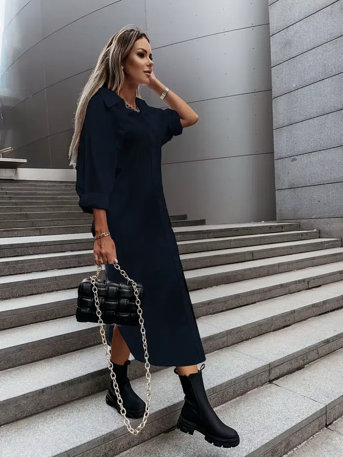 Robe chemise à manches longues pour femme avec col rabattu et boutons sur le devant