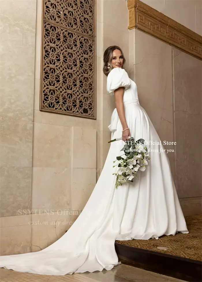 SSYTENS Robes de mariée civiles élégantes à manches courtes pour femmes