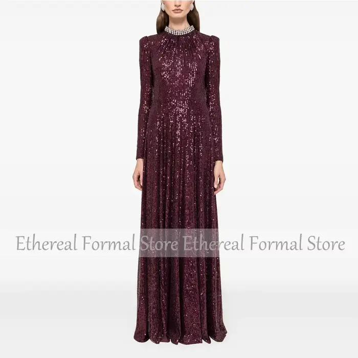 Robe de soirée moderne pour femmes, robe de soirée formelle longue jusqu'au sol, col rond, perles, r
