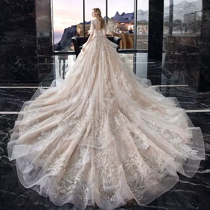 Robe de mariée Super Féerique col en V longue queue personnalisable pour femmes grandes occasions spéciales
