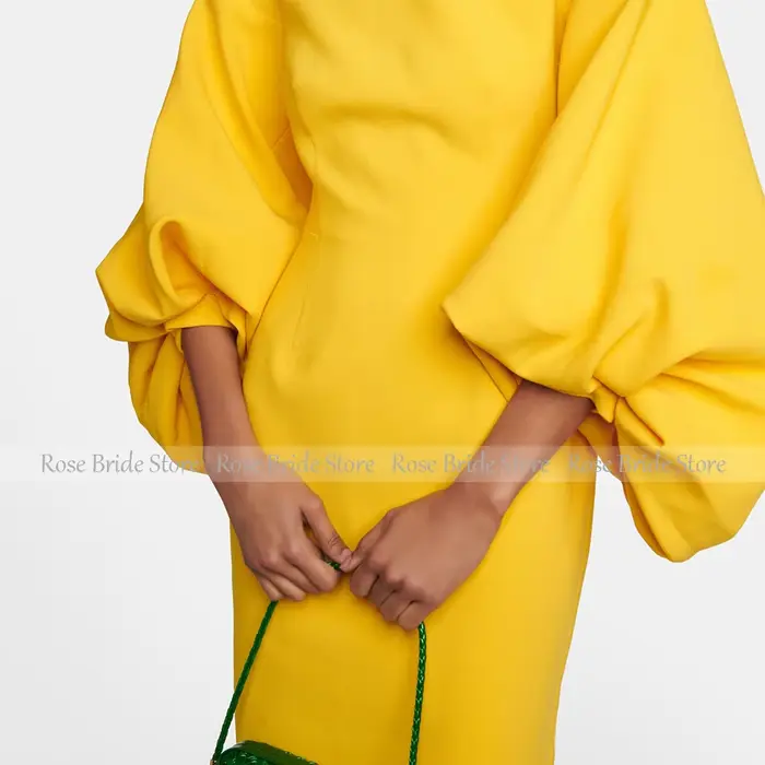 Robe de cocktail personnalisée jaune mangue col bateau manches bouffantes coupe colonne longueur thé pour femmes occasions spéciales
