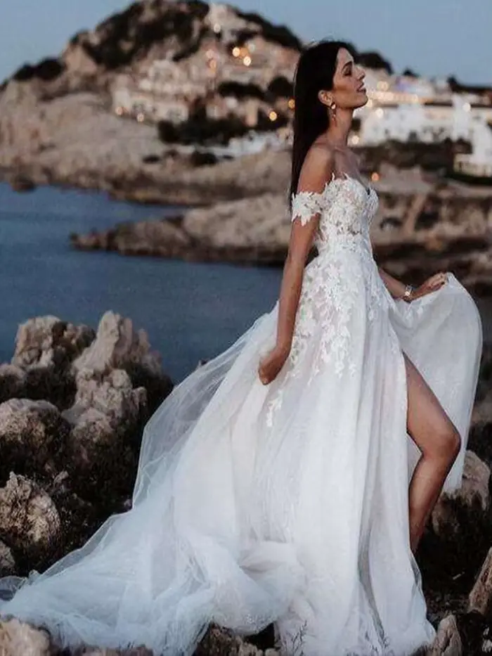 Robe de mariée DIANRUO trapèze en dentelle vintage avec décolleté Mon Amour et fente latérale pour femmes occasions spéciales