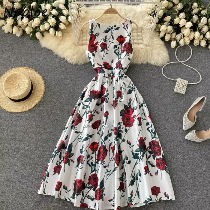 Neploe-Robe Rétro à Imprimé Floral pour Femme