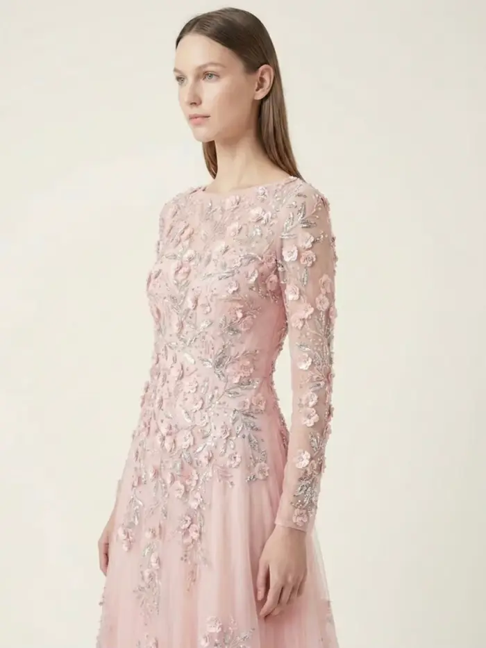 Nouvelle Arrivée Robe de Soirée Rose Florale Coupe A-Line Élégante Romantique Délicate Ornée de Perles et de Paillettes