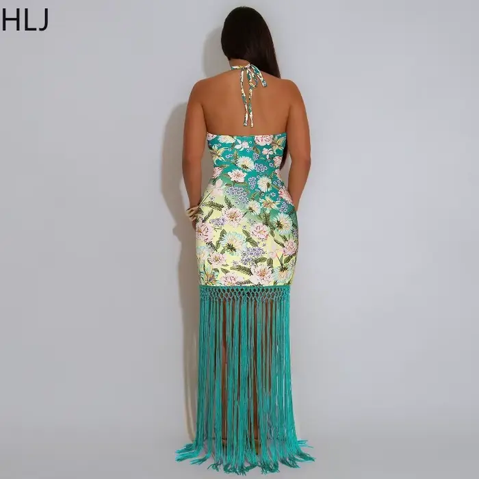 HLJ élégant fleur imprimé glands Patchwork robe longue femmes licou sans manches dos nu Maxi robes femme Streetwear