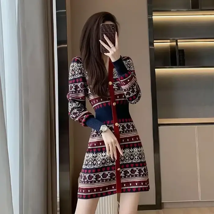 Robe courte en tricot à col en V pour femmes, robes au crochet pour femmes, motif de batterie, extrê