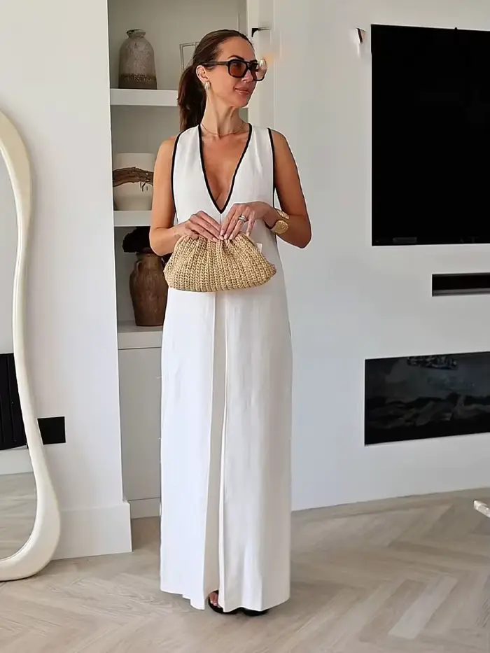 HH femmes vacances nouveau solide col en v lin mélange robe mi-longue été femme élégante Sexy sans manches fendu ourlet