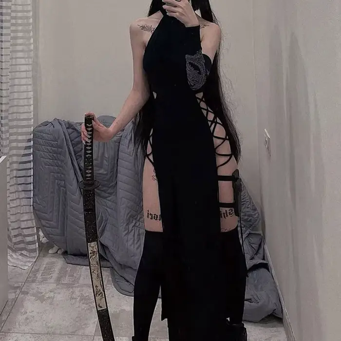 Robe gothique mi-longue à col licou, Slim, Cosplay foncé, Bandage fendu haut, Y2K, noir, Style Grung