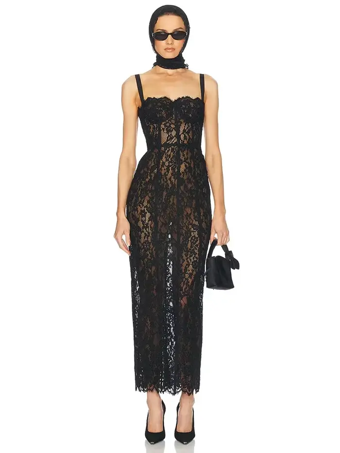 Robe longue en dentelle carrée, Sexy, sans manches, élégante, noire, florale, Patchwork, mi-mollet,