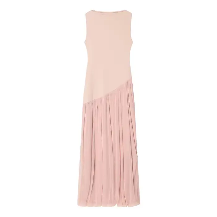 MUJER Robes longues en tulle pour femmes, robe maxi plissée sans manches, robe d'été rose patchwork 