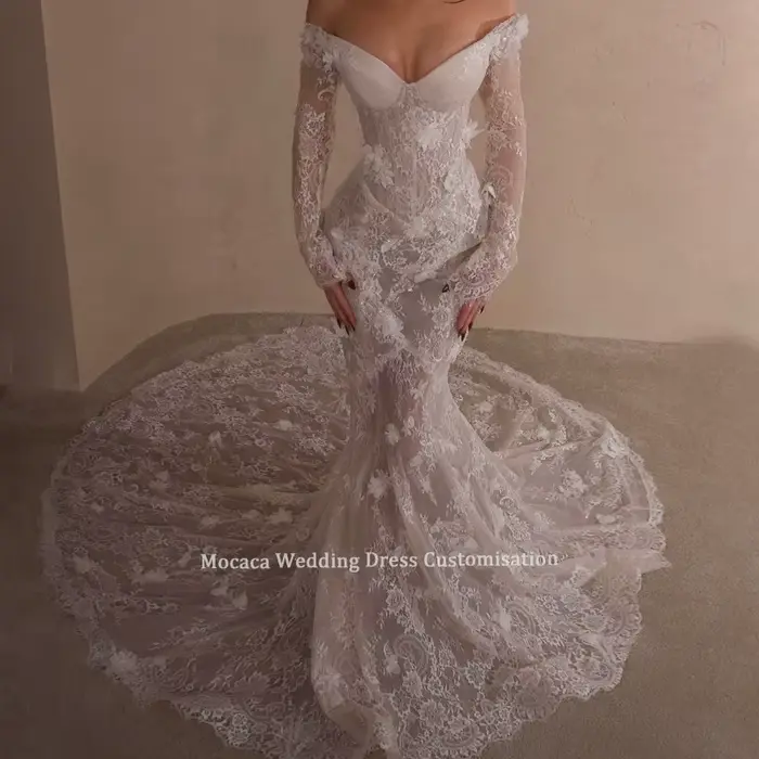 Robe de mariée Mocaca personnalisée en chiffon et satin, avec soutien-gorge intégré, forme trompette/sirène, décolleté haut, disponible en blanc, champagne, ivoire et multi, pour mariages et événements formels
