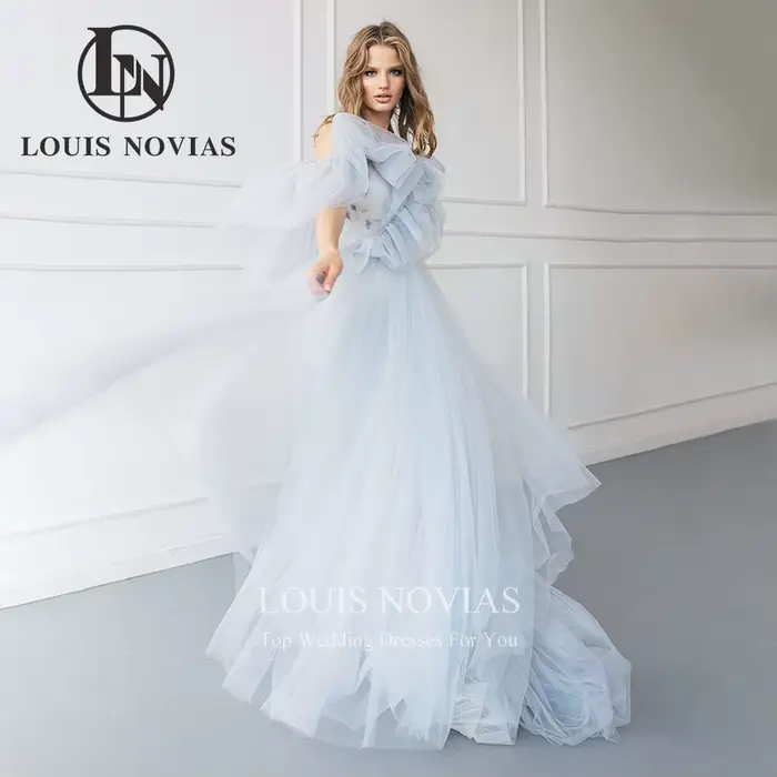 Robe de mariée A-Line en tulle bleu dos nu bretelles spaghetti col en V pour femmes occasions spéciales mariage soirée gala