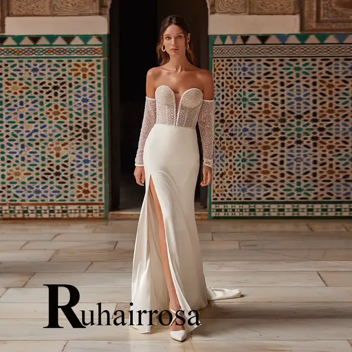 Ruhair-Robes de mariée sirène scintillantes pour mariée, fente haute, perles en satin, paillettes, o