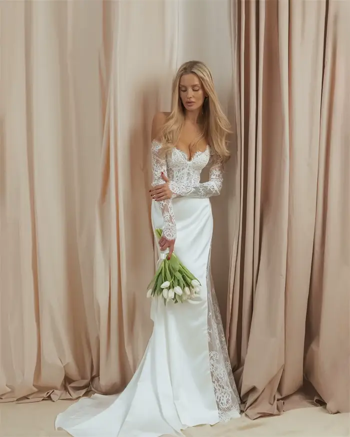 Robe de mariée sirène personnalisable coton tricoté avec dentelle brodée sur filet pour femmes enceintes et occasions spéciales