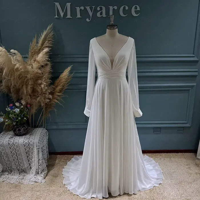 Mryarce – robe de mariée classique élégante en mousseline de soie, coupe trapèze, col en V profond,