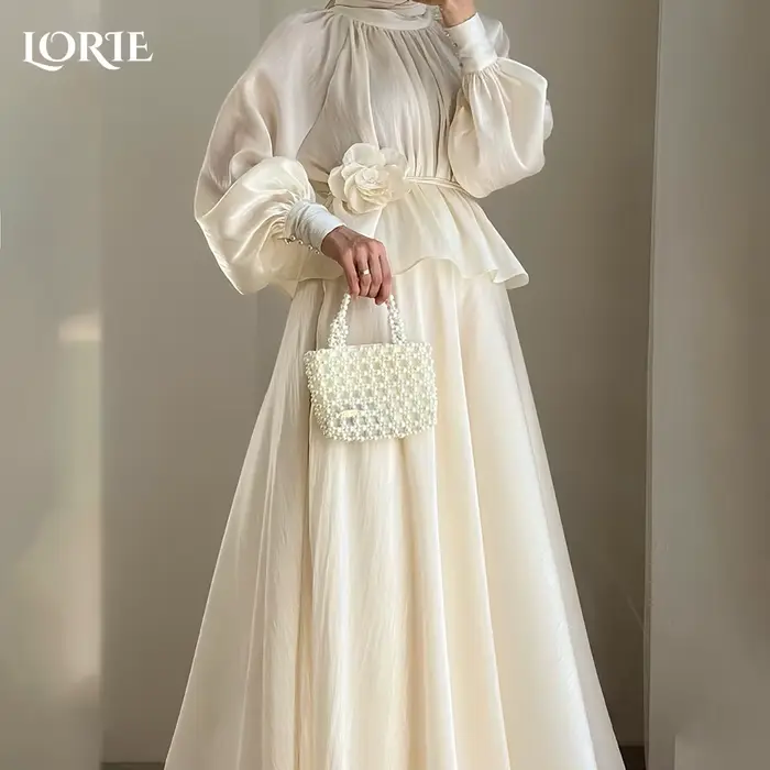 LORIE robes de mariée musulmanes manches bouffantes plis col rond col haut a-ligne église Boho robe 