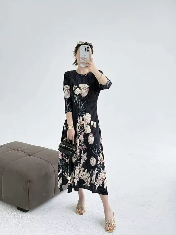 LANMREM imprimer Vintage élégant robe plissée femmes tempérament col rond robes minces mode féminine