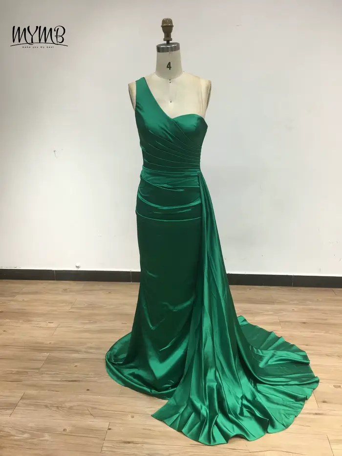 MYMB marron une épaule sirène élégante robes de demoiselle d'honneur arabe plissé longue ruban modeste