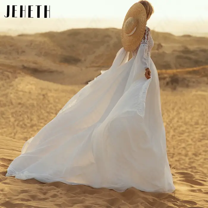 JEHETH Chiffon Scoop Princesse Robes de mariée complètes Flare manches A-Line Modeste Pinceau Train Robe