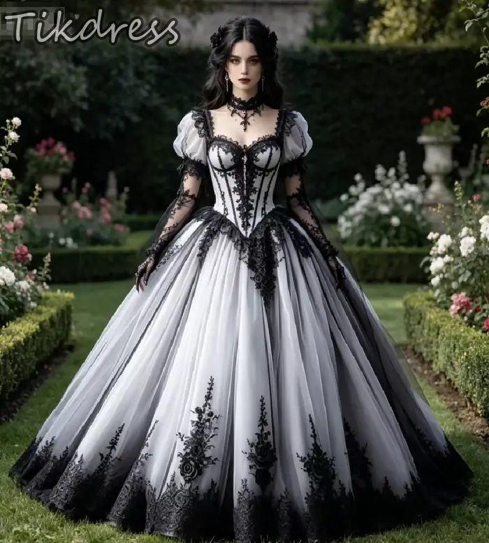 Robe de mariée gothique victorienne vintage à manches bouffantes, en tulle noir dégradé ombré, avec 