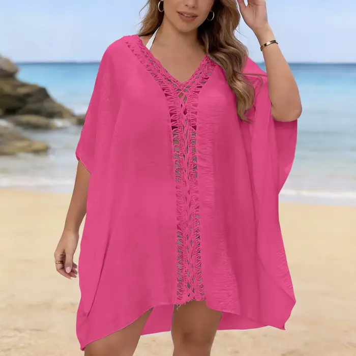 Robe ample de plage en polyester et rayonne avec patchwork crocheté à la main pour femmes, idéale pour les vacances d'été et les journées décontractées