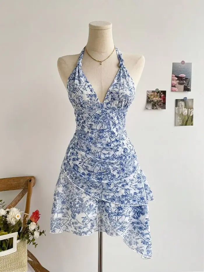 Robe d'été en maille bleue à fleurs pour femmes style sexy décontractée élégante occasion spéciale soirée été