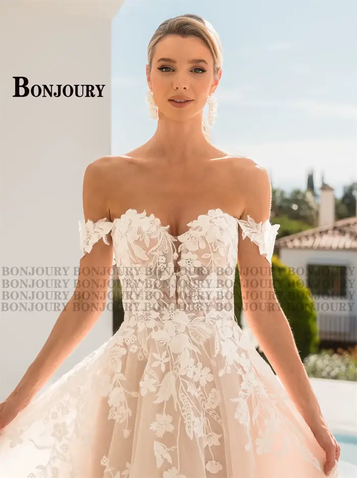 Robe de mariée moderne avec appliques a-ligne hors de l'épaule pour femmes occasions spéciales