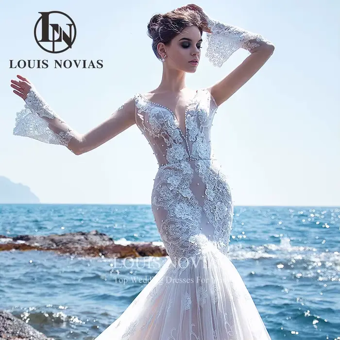 Robe de mariée sirène élégante avec perles délicates et appliques de fleurs 3D, col en V, manches longues et dos nu pour femmes occasions spéciales