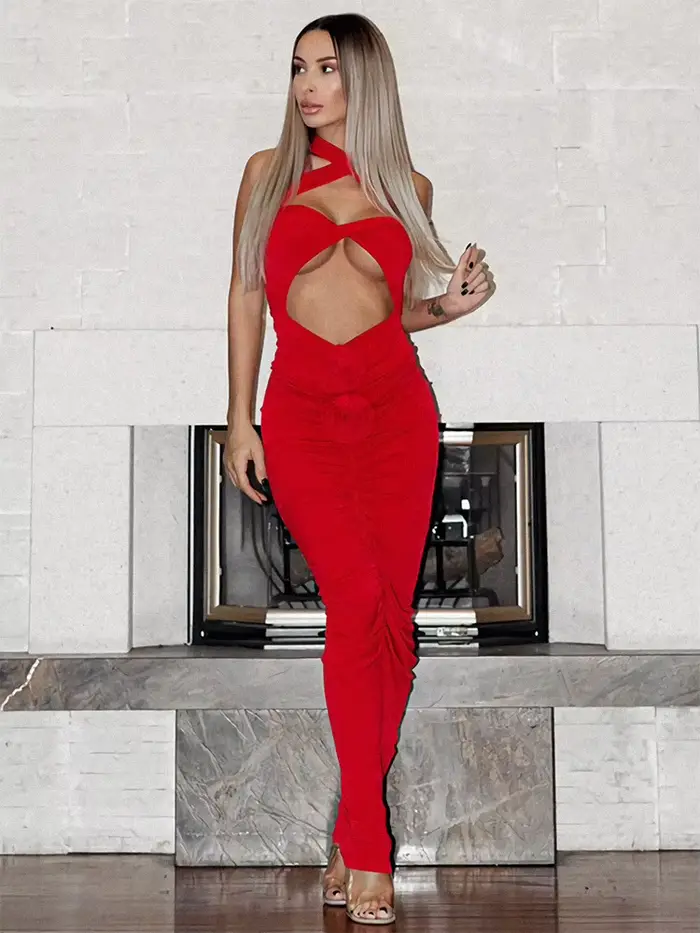 Robe de soirée longue drapée sans manches pour femmes