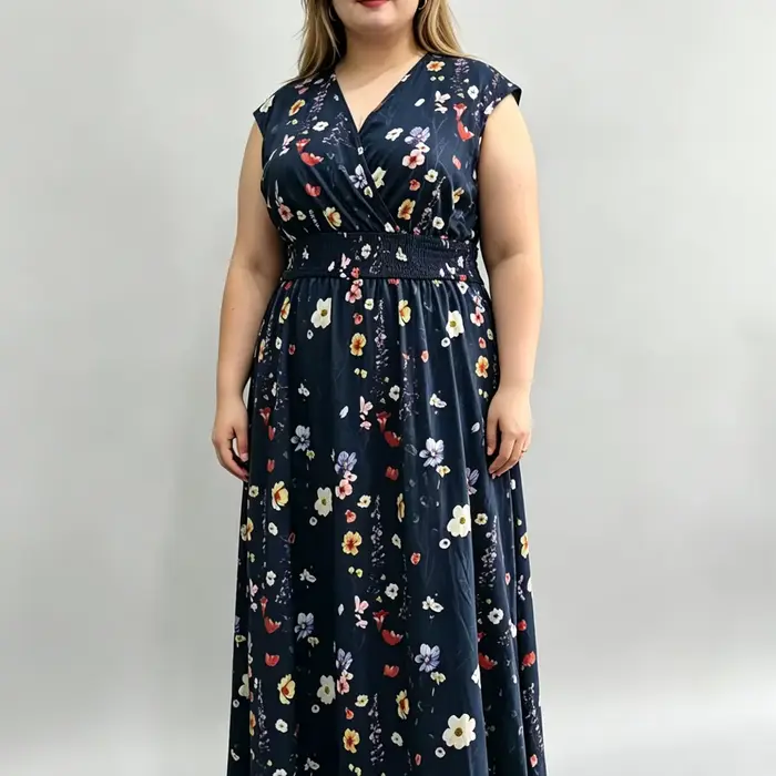 Robe longue à imprimé floral pour femmes, tenue décontractée sans manches, col en V, pour silhouette
