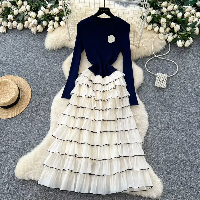 Robes longues à fleurs en tricot, élégantes et Chic, à plusieurs niveaux, pour soirée française, Hig