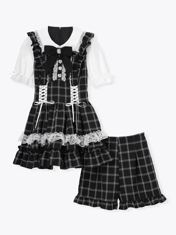 Japon Mine robe douce ensemble été 2025 filles femme mignon nœud dentelle champignon bord haut à carreaux shorts 2 pièce