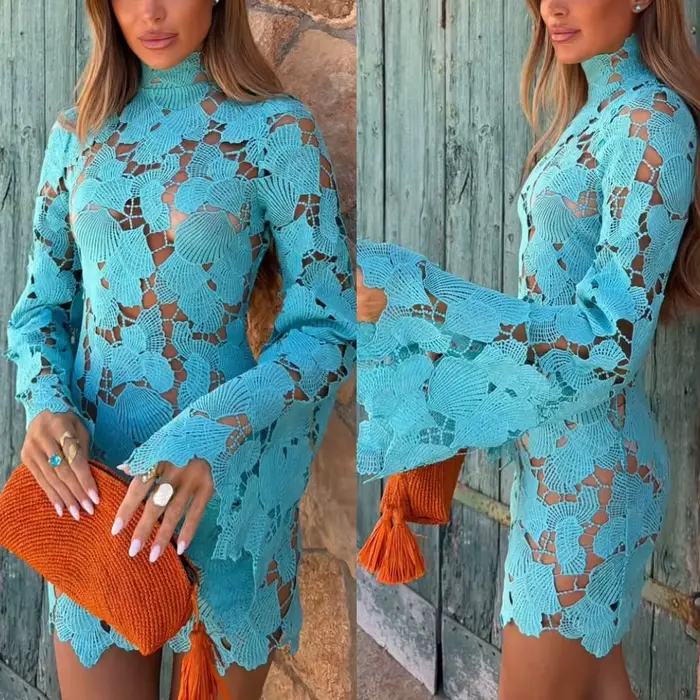 Robe longue à col haut en dentelle, style européen et américain, luxueuse et tendance, décontractée pour les vacances, robe ample pour femmes